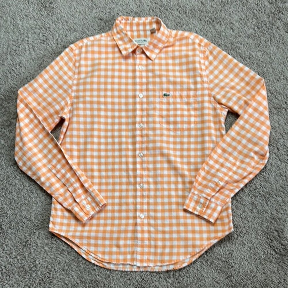 Lacoste Men’s Regular Fit Orange White Plaid Long Sleeve Button Down Shirt Sz M